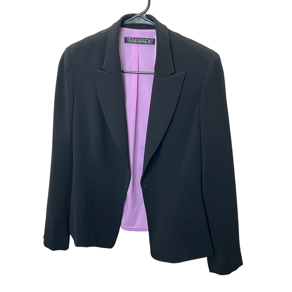 Tahari Womens Black Single Button Blazer Lilac Purple Lining Size 8 Made in USA